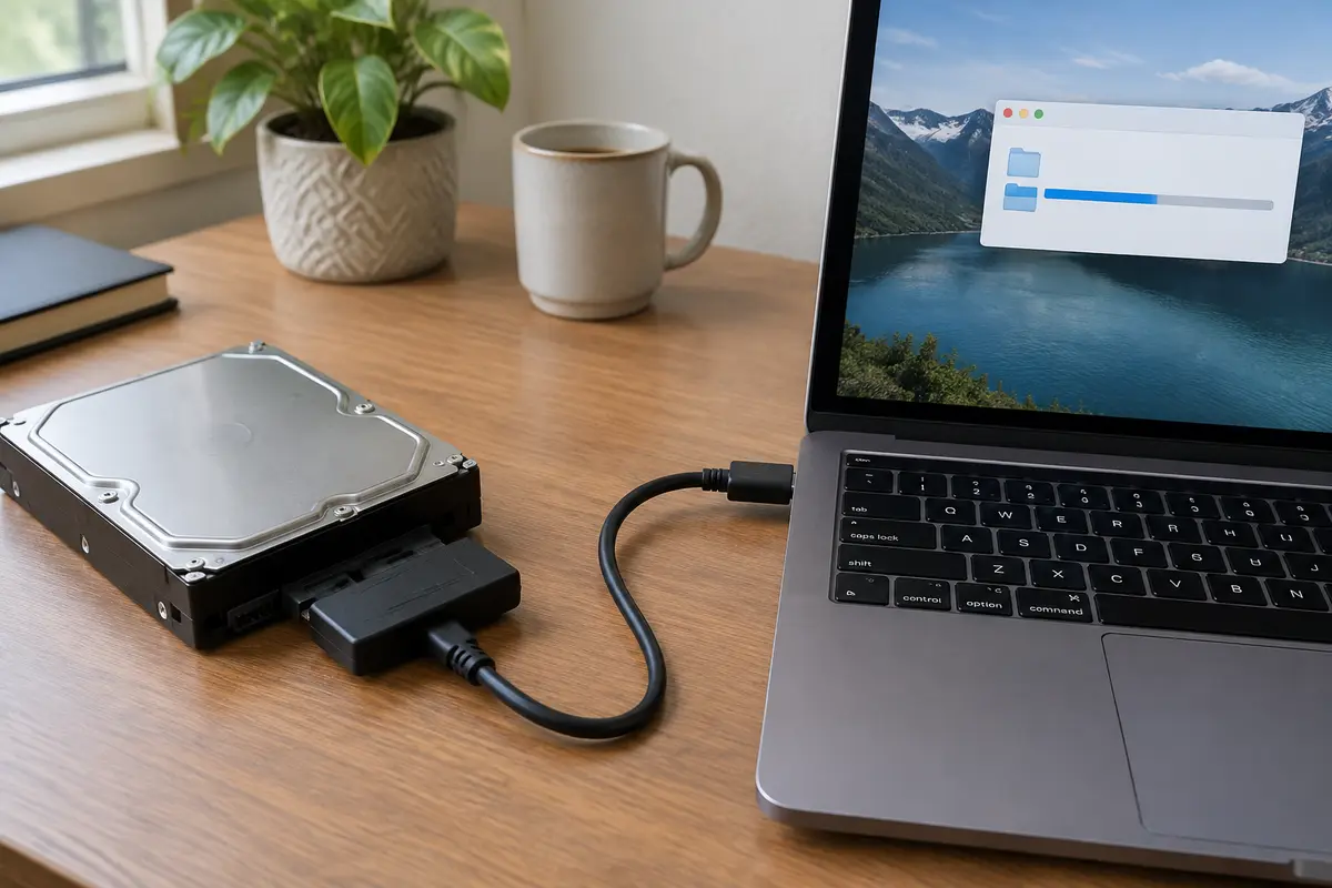 Жёсткий диск подключён через адаптер USB к ноутбуку, на экране идёт копирование файлов с индикатором