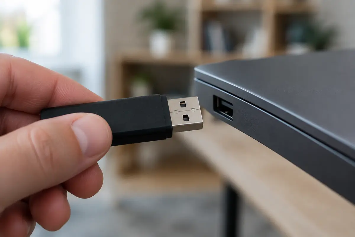 Рука держит чёрную флешку перед боковым USB-портом ноутбука, комната размыта на фоне