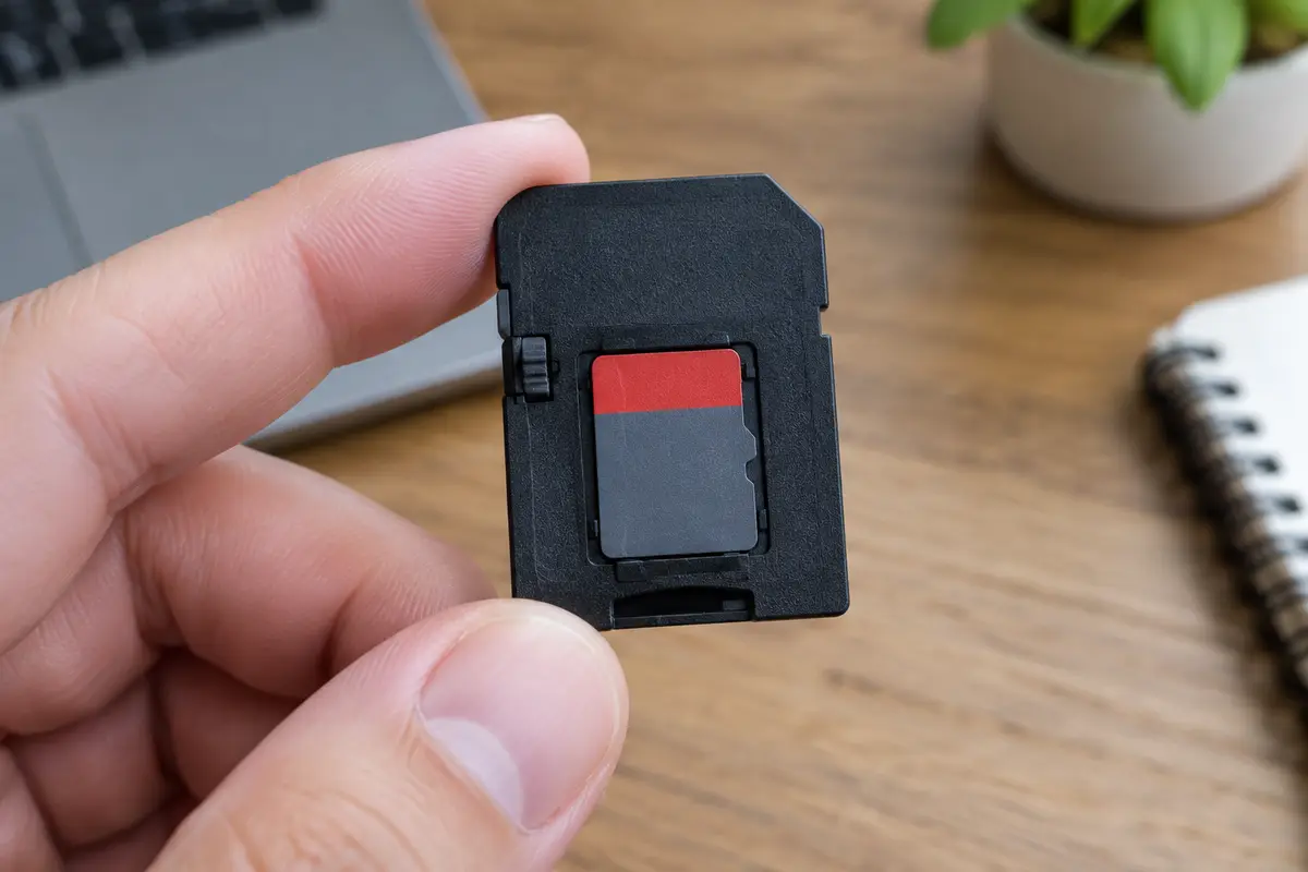 Ладонь держит полноразмерный адаптер SD с вставленной microSD, на левом ребре виден маленький ползунок защиты