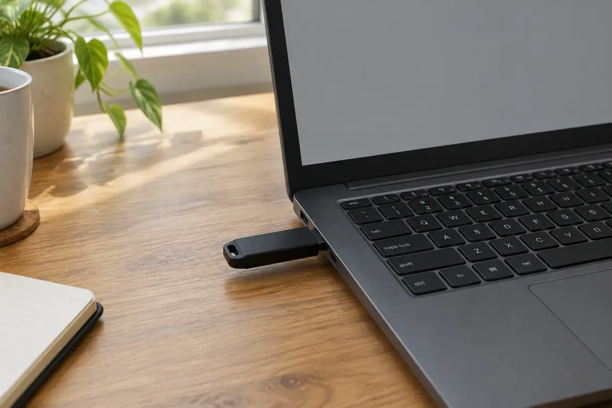 Чёрная USB-флешка воткнута в боковой порт тёмно-серого ноутбука на деревянном столе