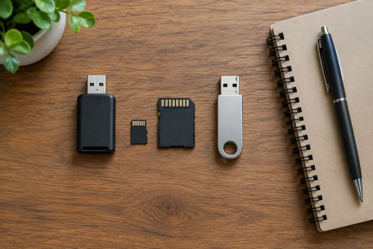 Вид сверху: кардридер, карта microSD, SD-адаптер и флешка аккуратно разложены на столе у блокнота