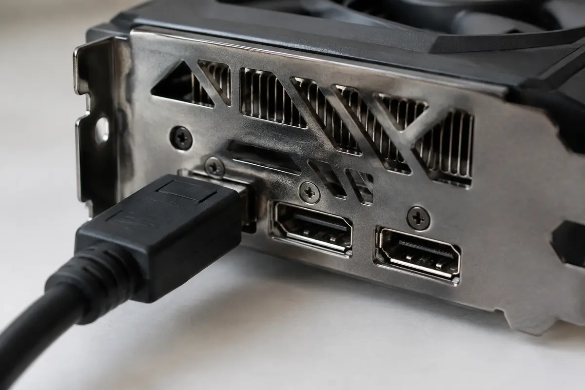 Крупный план выходов видеокарты: кабель DisplayPort вставлен в один разъём, остальные порты свободны