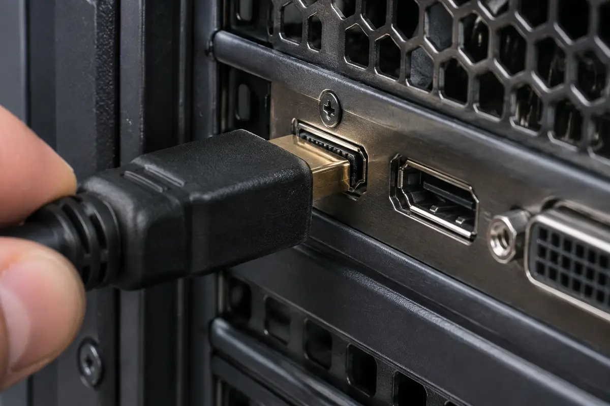 Крупный план: штекер HDMI входит в разъём видеокарты на задней панели системного блока