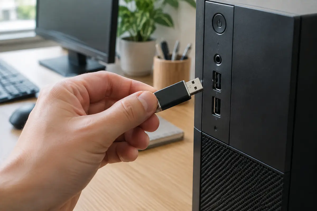 Рука подносит чёрную флешку к двум портам USB на передней панели системного блока рядом с монитором