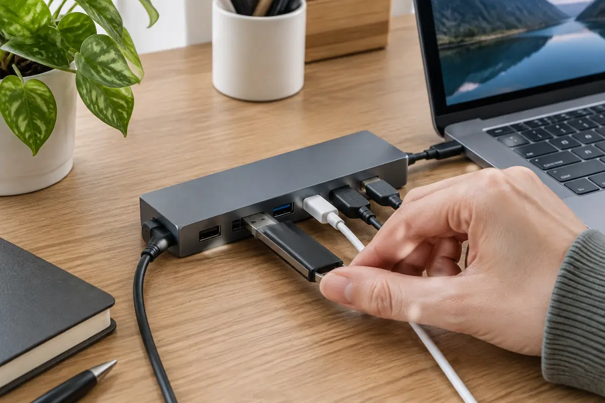 Рука вставляет флешку в металлический USB-хаб на столе рядом с ноутбуком, в хабе уже подключены другие кабели