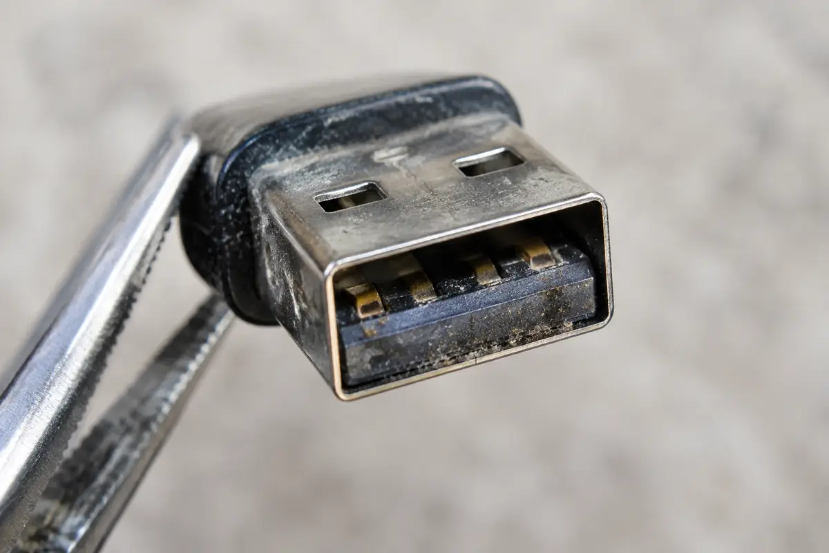 Вилка USB флешки с тёмным налётом и пылью на контактах, зажатая пинцетом, крупный план