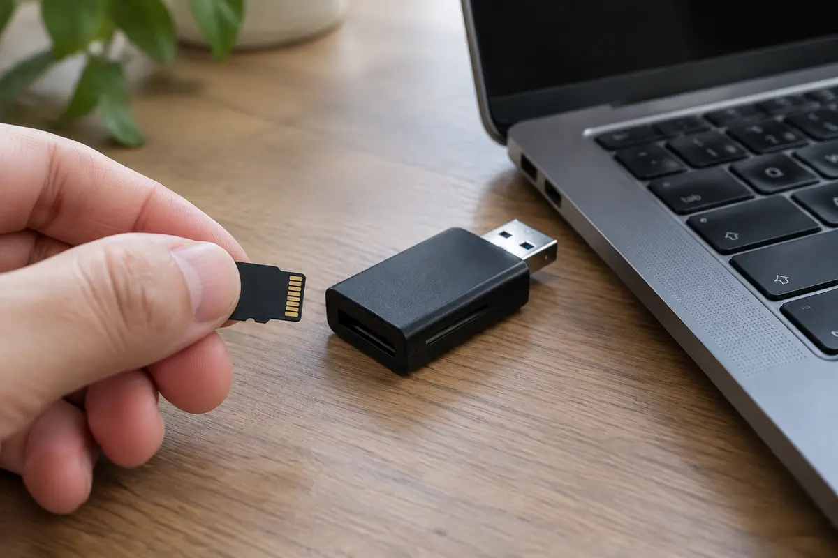 Рука подносит карту microSD к чёрному USB-картридеру на столе рядом с ноутбуком
