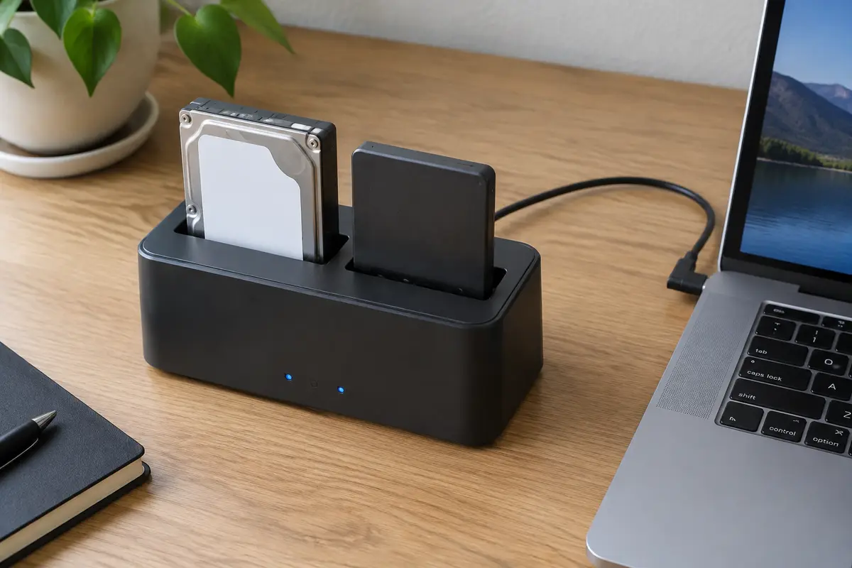 Док-станция на столе с жёстким диском и твердотельным накопителем, USB-кабель идёт к ноутбуку