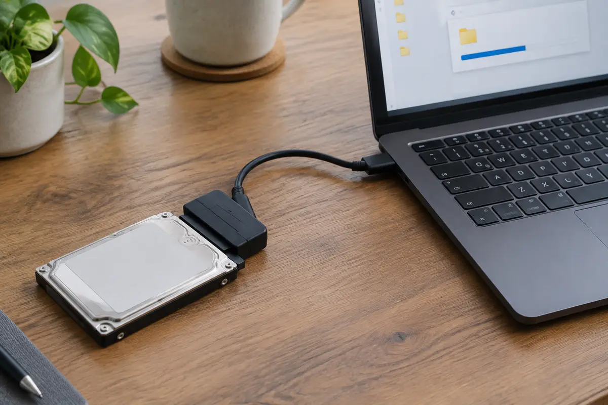 Жёсткий диск 2,5 дюйма подключён переходником к USB ноутбука, на экране идёт копирование файлов