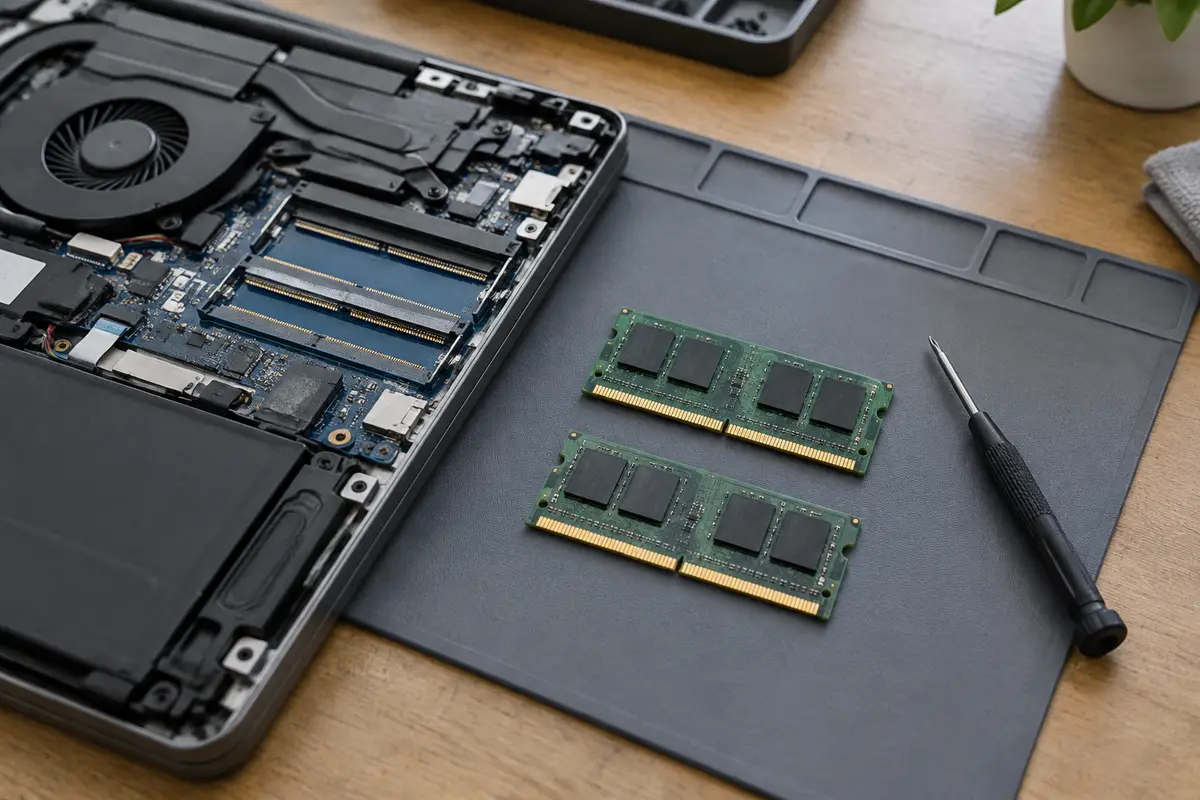 Два модуля SO-DIMM лежат на коврике рядом с открытым ноутбуком, на плате видны свободные слоты памяти