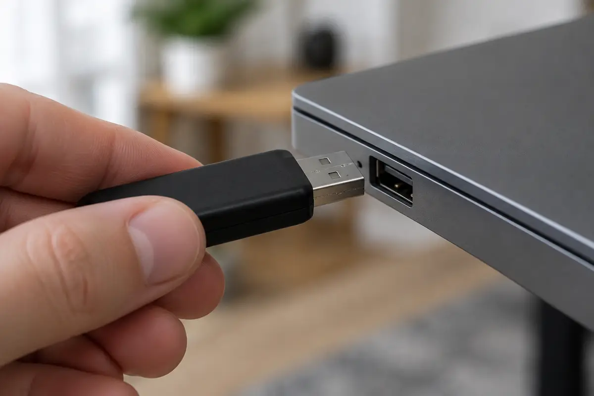 Рука держит чёрную флешку перед боковым портом USB тёмно-серого ноутбука, комната размыта