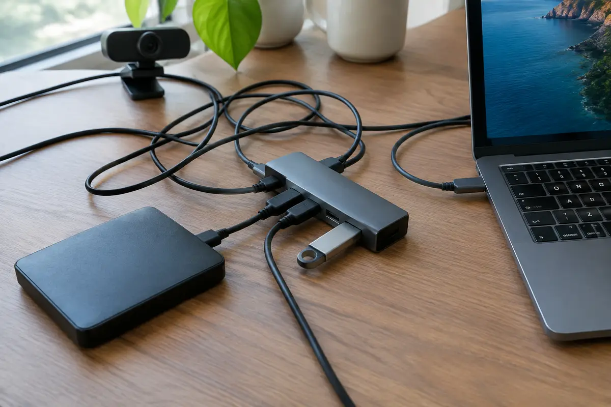 Ноутбук с USB-хабом, к которому подключены внешний диск, веб-камера и флешка, провода на столе перепутаны