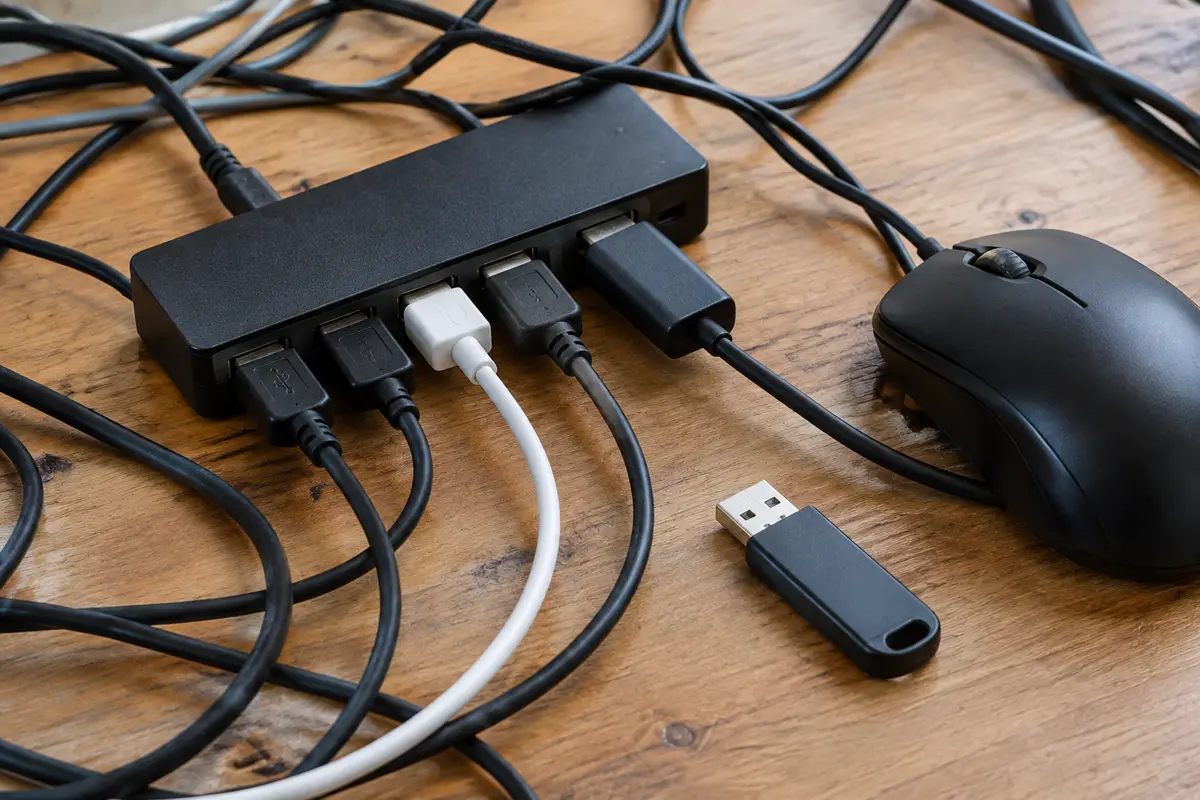 Стол с чёрным USB-хабом, в который включено много проводов, проводным геймпадом и ноутбуком позади