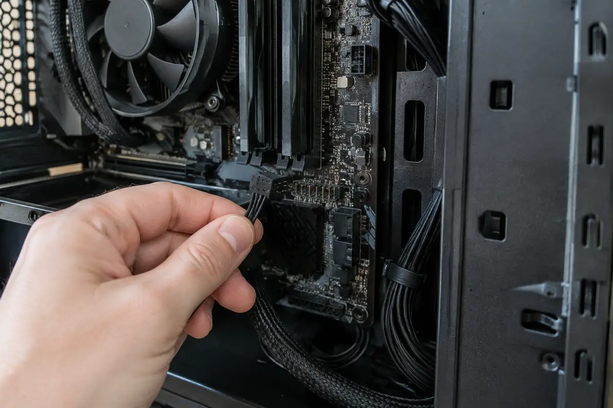 Системный блок со снятой боковой крышкой, рука держит тонкий шлейф USB с чёрным разъёмом возле колодки на материнской плате