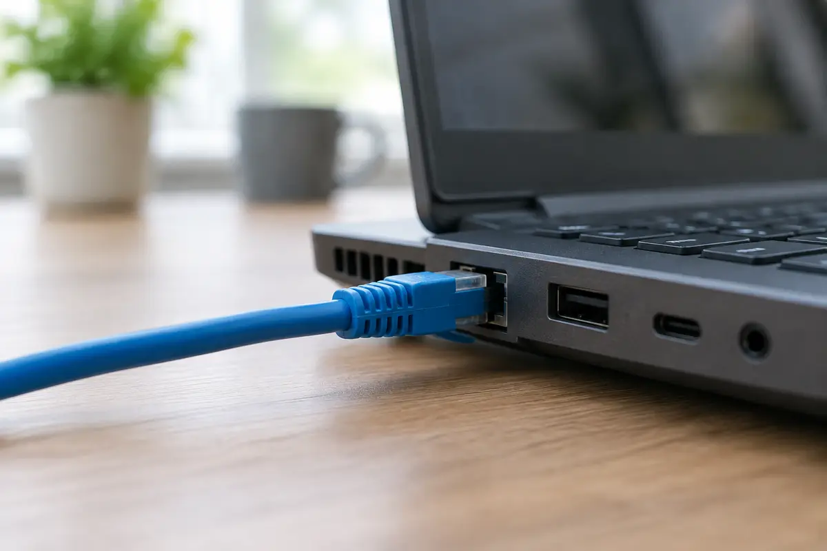 Синий сетевой кабель вставлен в разъём Ethernet на боковой стороне ноутбука, рядом USB-порт и вход для наушников
