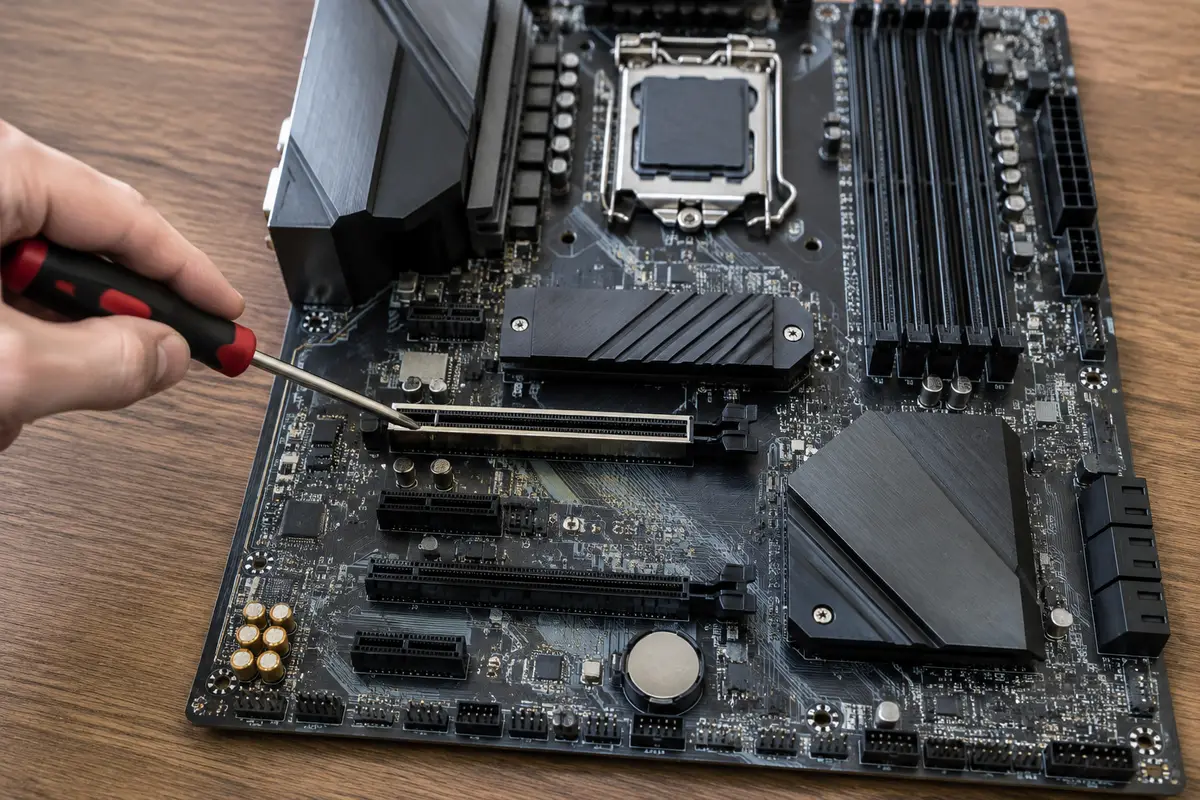 Рука с отвёрткой указывает на слот PCIe на материнской плате, лежащей на столе, рядом радиаторы и слоты памяти