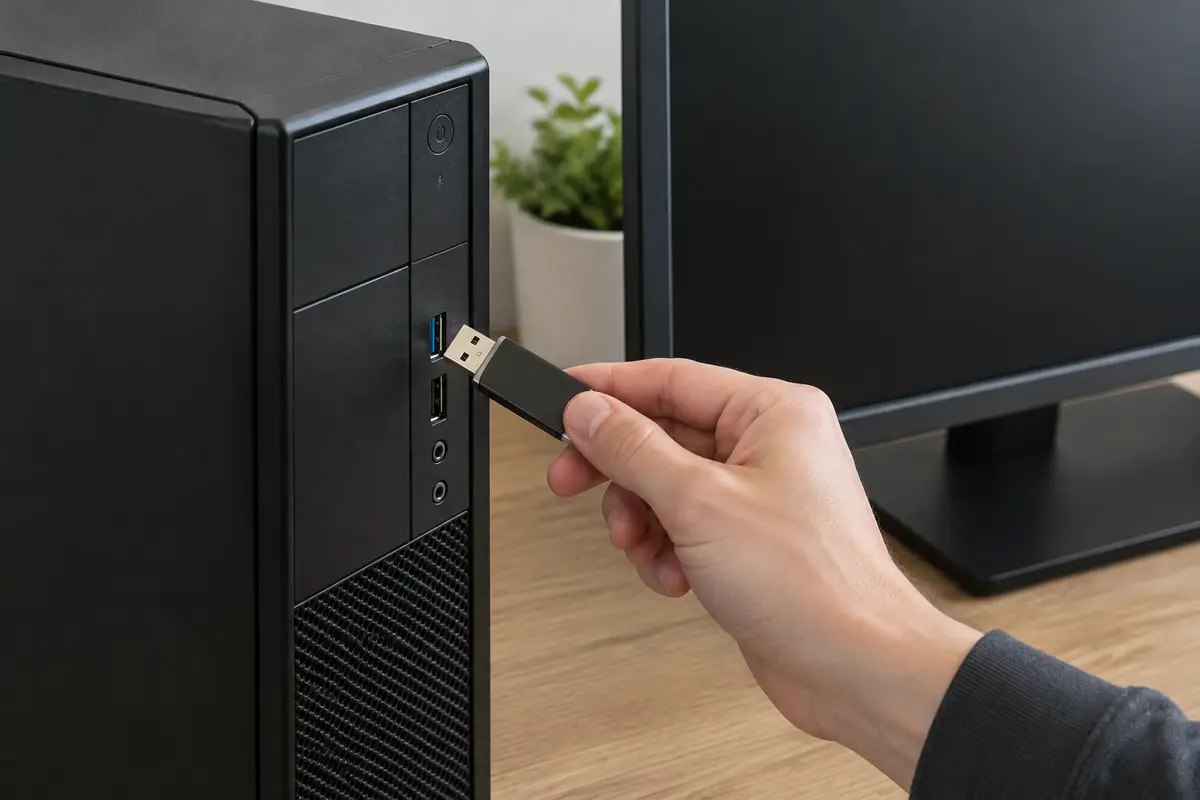Рука подносит флешку без надписей к переднему USB-порту системного блока, рядом стоит монитор