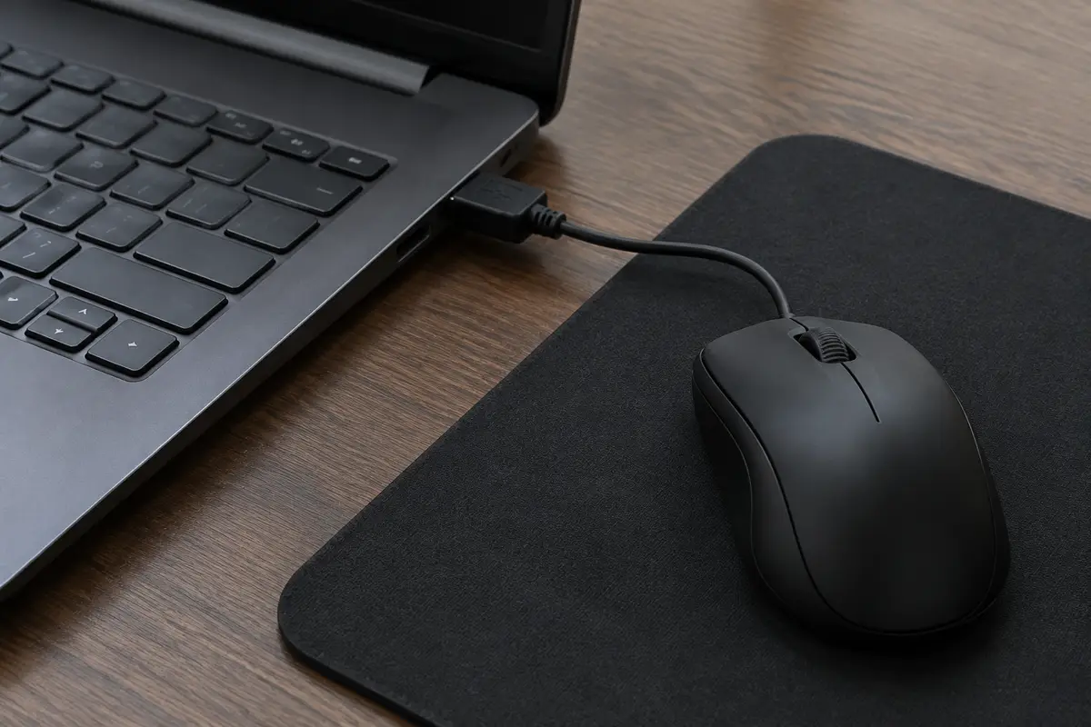 Проводная чёрная мышь на коврике подключена кабелем к боковому USB-порту тёмно-серого ноутбука