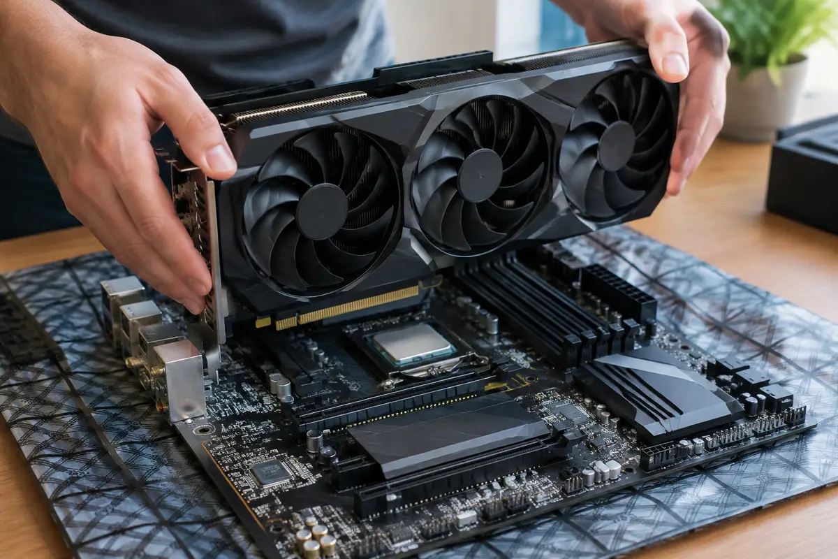 Руки опускают видеокарту в слот PCIe материнской платы, лежащей на антистатическом коврике