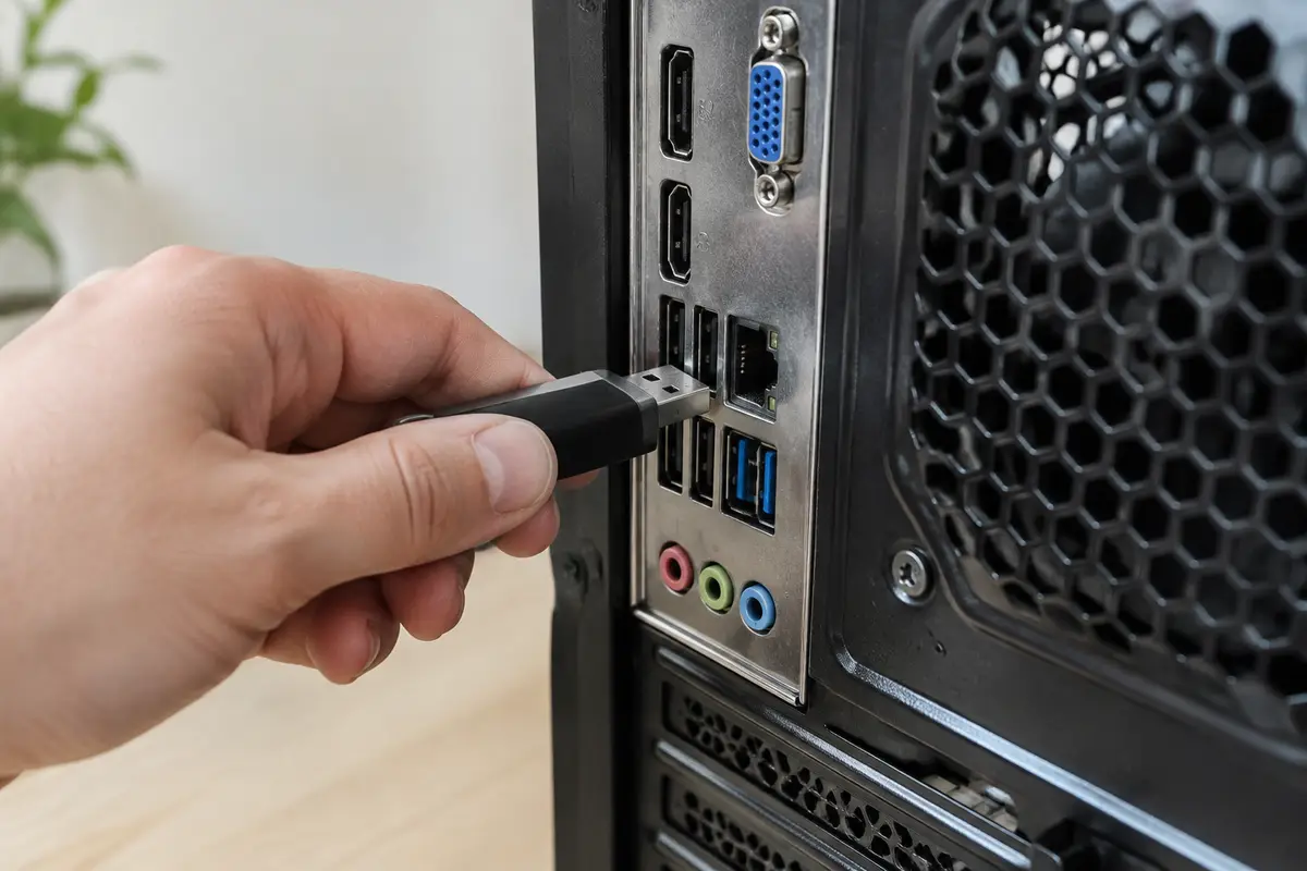 Рука вставляет флешку в задний USB-порт системного блока, рядом видны другие порты панели