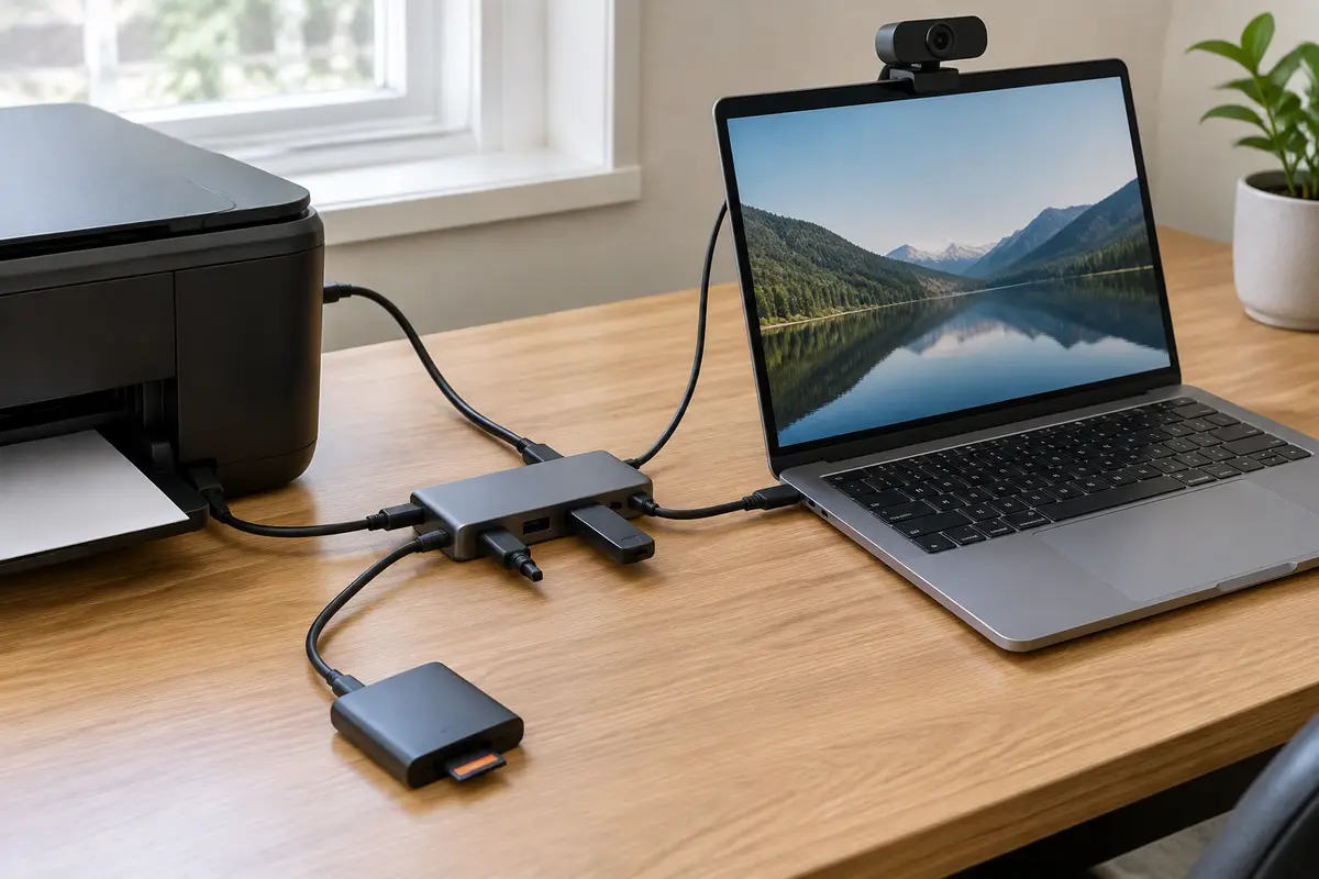 На столе ноутбук с веб-камерой и принтер, между ними USB-хаб с флешкой, подключённый кабелями картридер с картой памяти