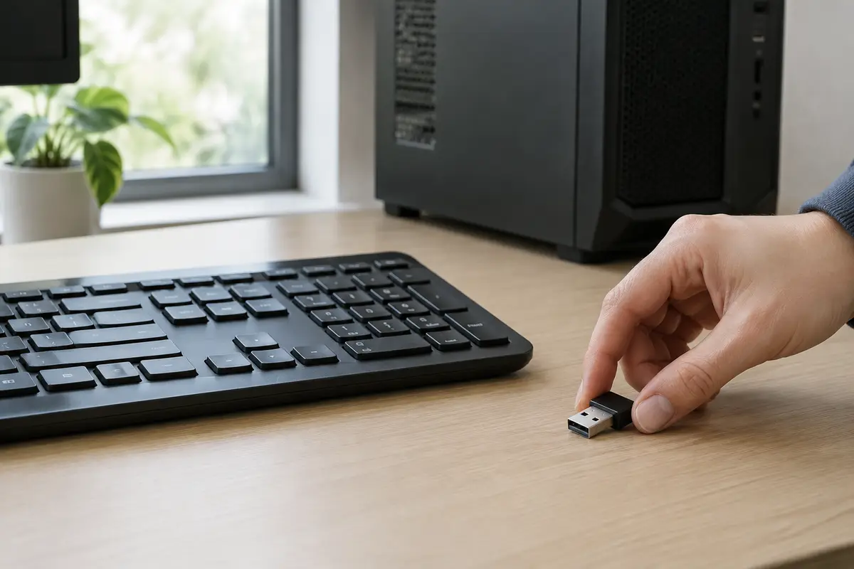 Беспроводная клавиатура на столе, рука берёт маленький USB-приёмник, на заднем плане системный блок