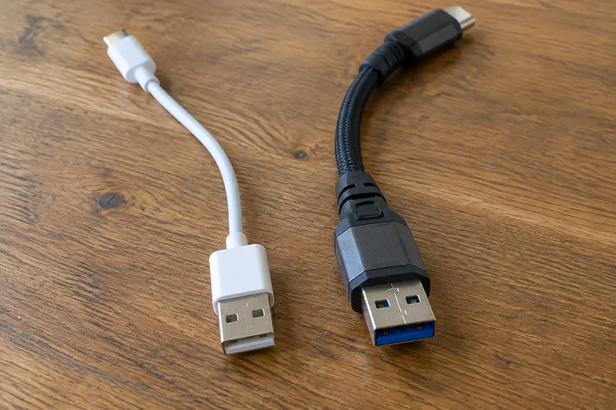Два USB-кабеля на деревянном столе рядом: тонкий белый зарядный и более толстый чёрный в оплётке для передачи данных
