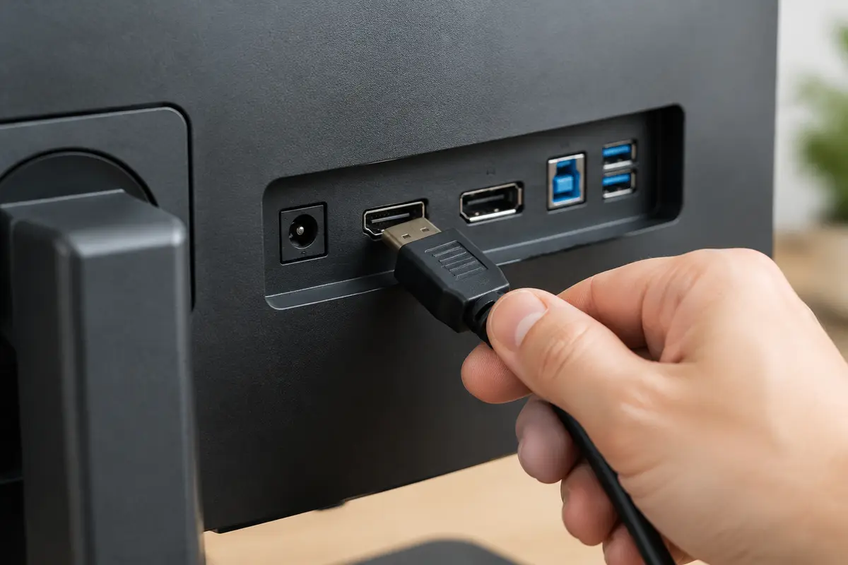 Рука вставляет разъём кабеля HDMI в порт на задней стенке монитора, рядом разъёмы питания, DisplayPort и USB