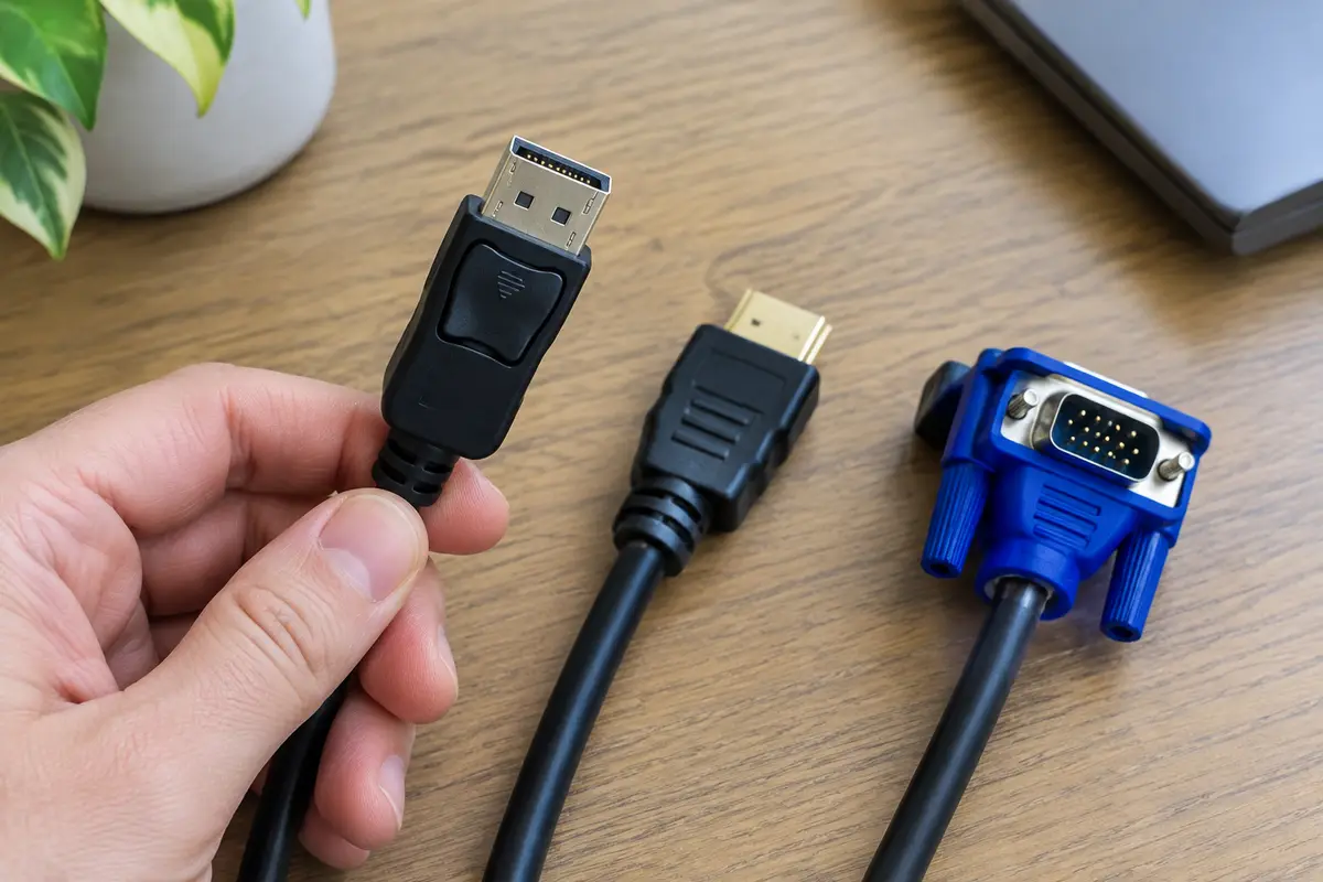 Рука держит штекер DisplayPort с защёлкой, рядом на столе лежат кабели HDMI и VGA с синим разъёмом