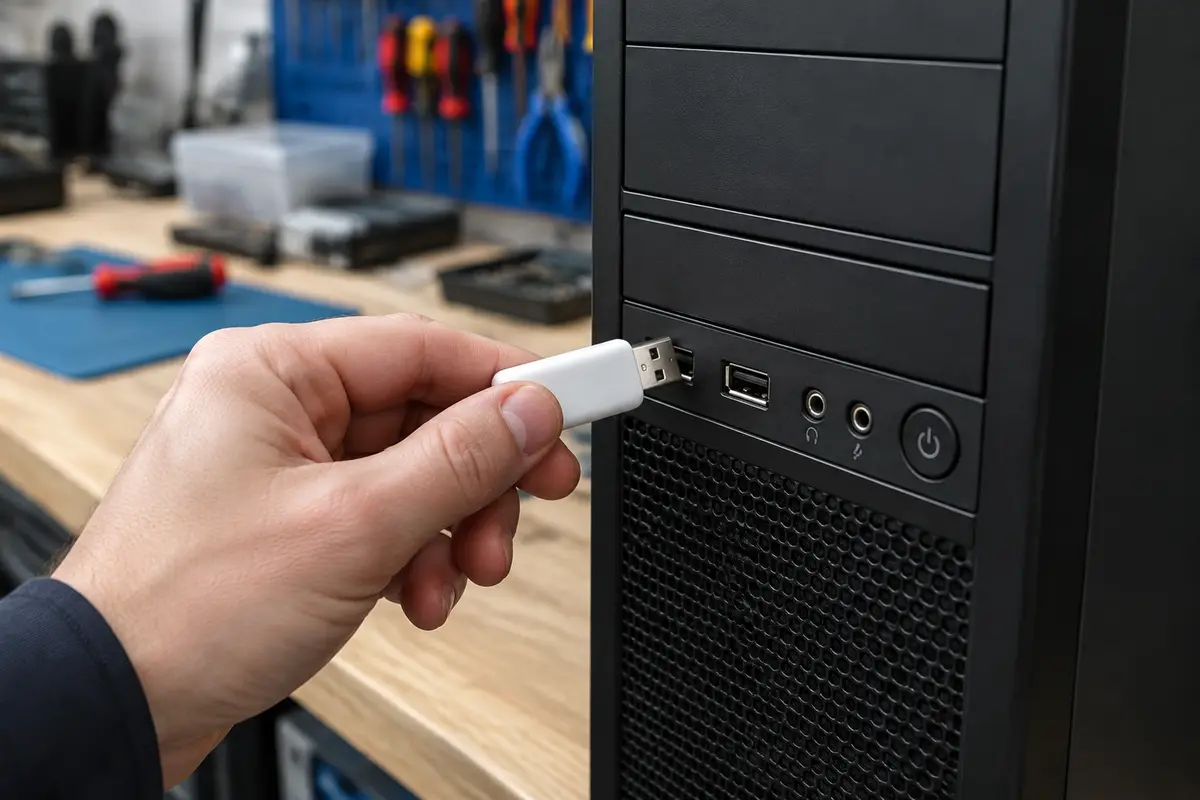 Рука мастера вставляет белую флешку в передний USB-порт системного блока, на заднем плане мастерская с инструментами