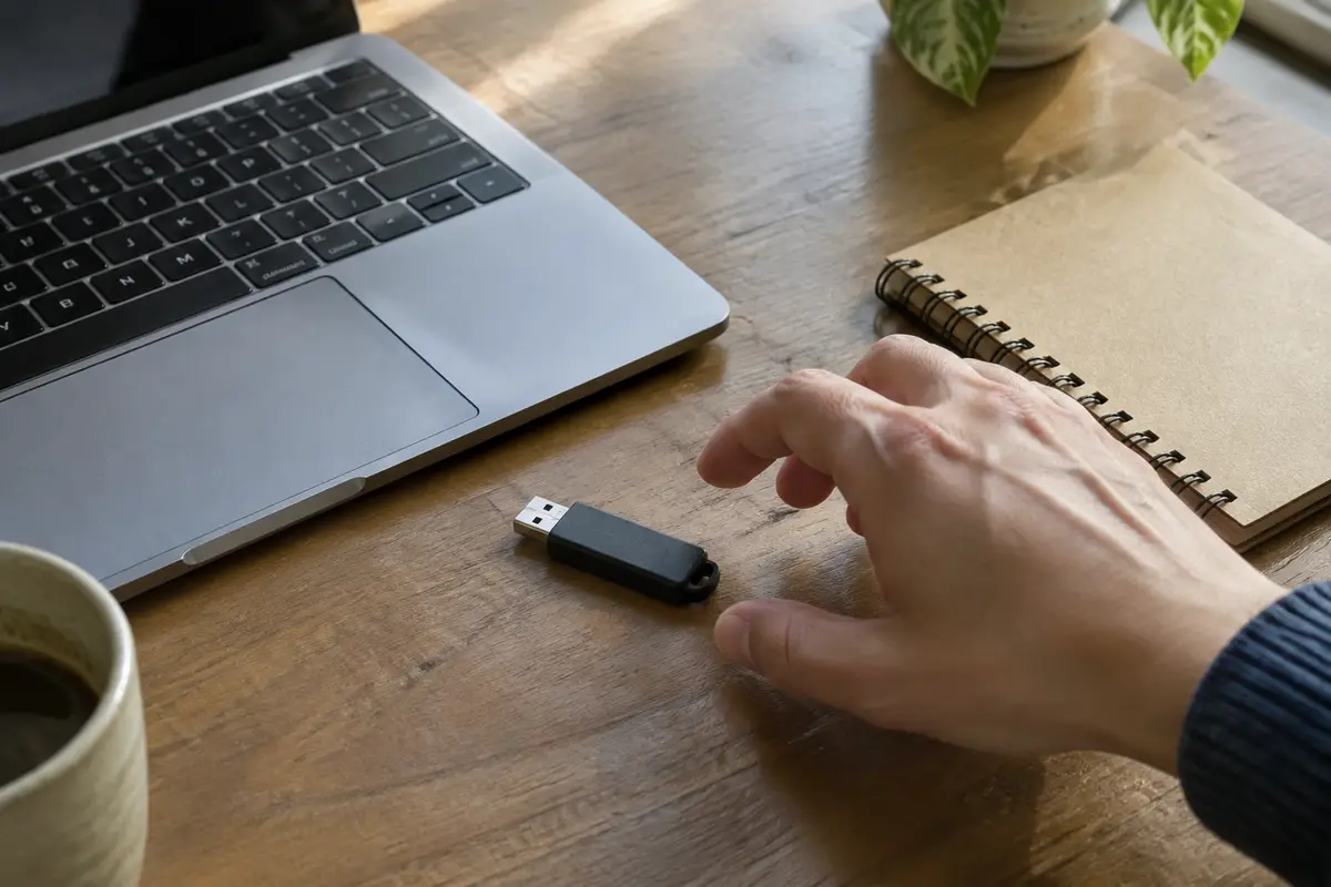 Рука тянется к чёрной USB-флешке рядом с ноутбуком, на столе блокнот и край кофейной чашки