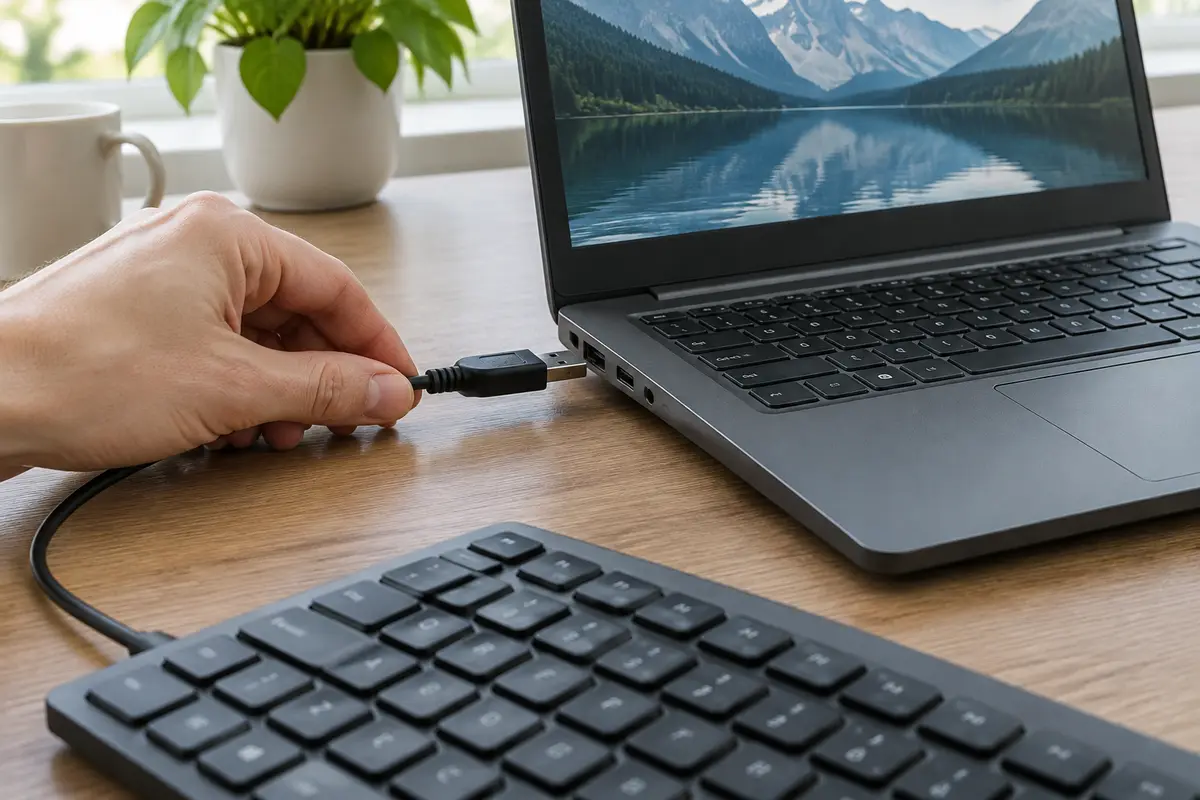Рука вставляет кабель чёрной USB-клавиатуры в боковой порт серого ноутбука, клавиатура лежит перед ним