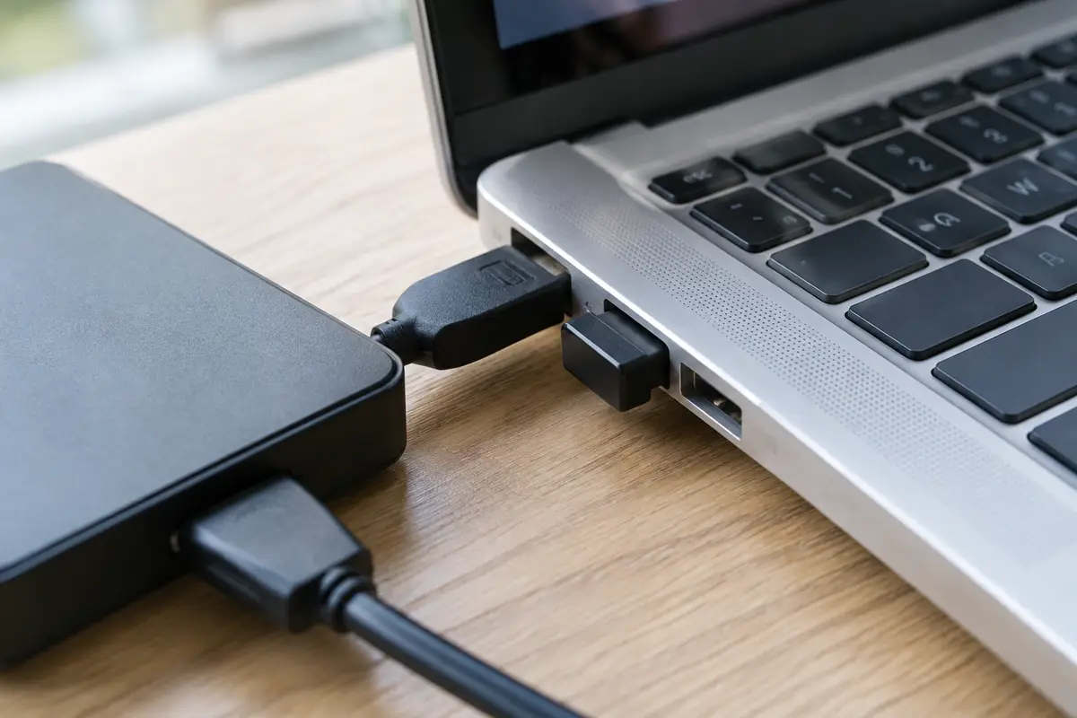 Маленький USB-приёмник вставлен в порт ноутбука рядом с внешним жёстким диском в соседнем порту