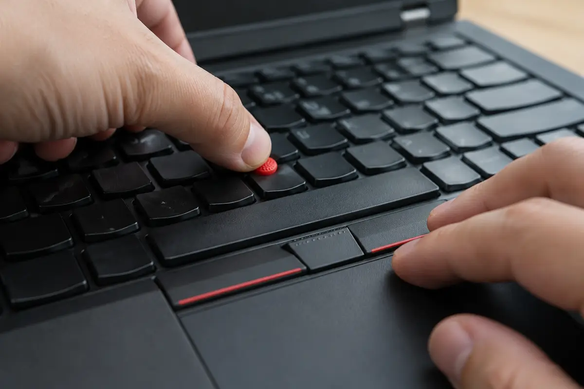 Большой палец нажимает красный джойстик TrackPoint на чёрной клавиатуре, вторая рука лежит у кнопок над тачпадом