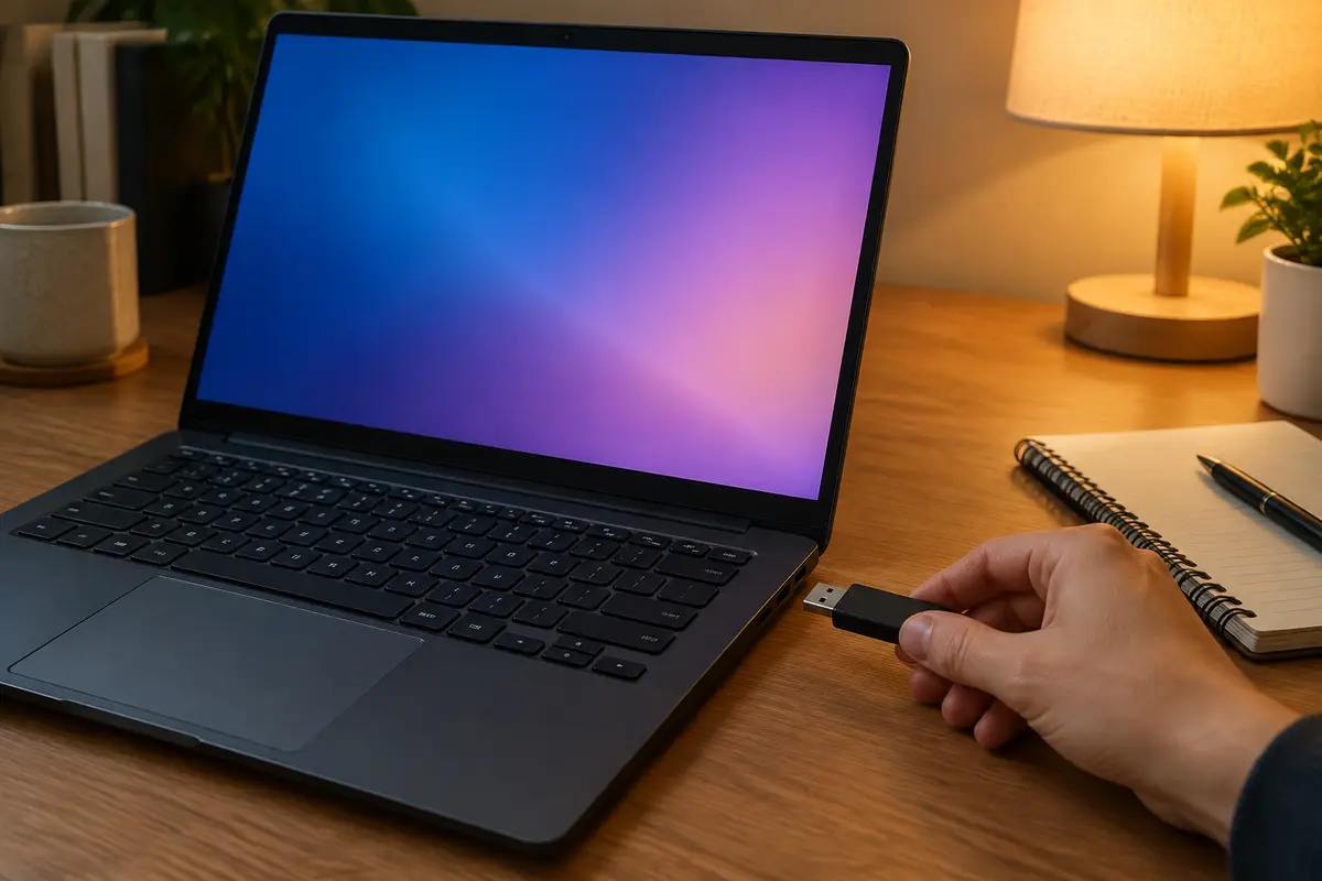 Тёмный ноутбук на столе, рука подносит чёрный USB-накопитель к порту, на экране плавный разноцветный градиент