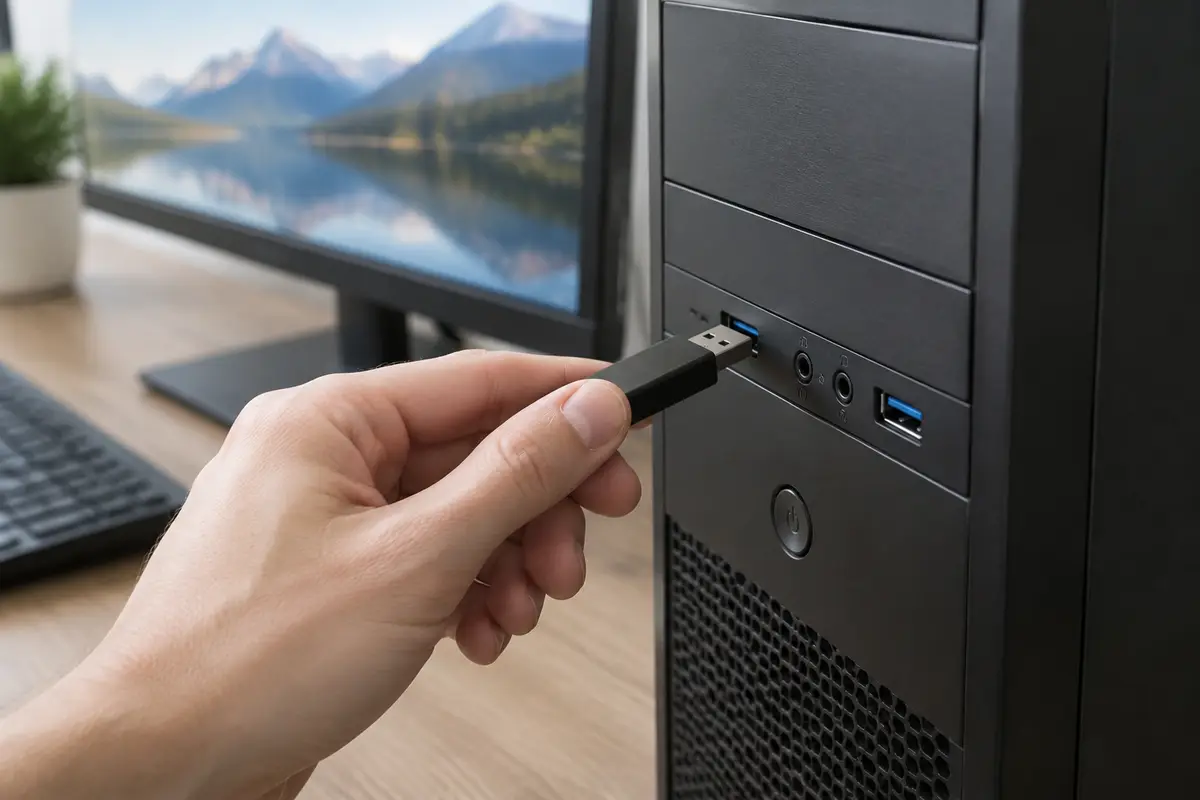 Рука вставляет чёрную флешку в передний USB-порт системного блока, на соседнем мониторе горный пейзаж
