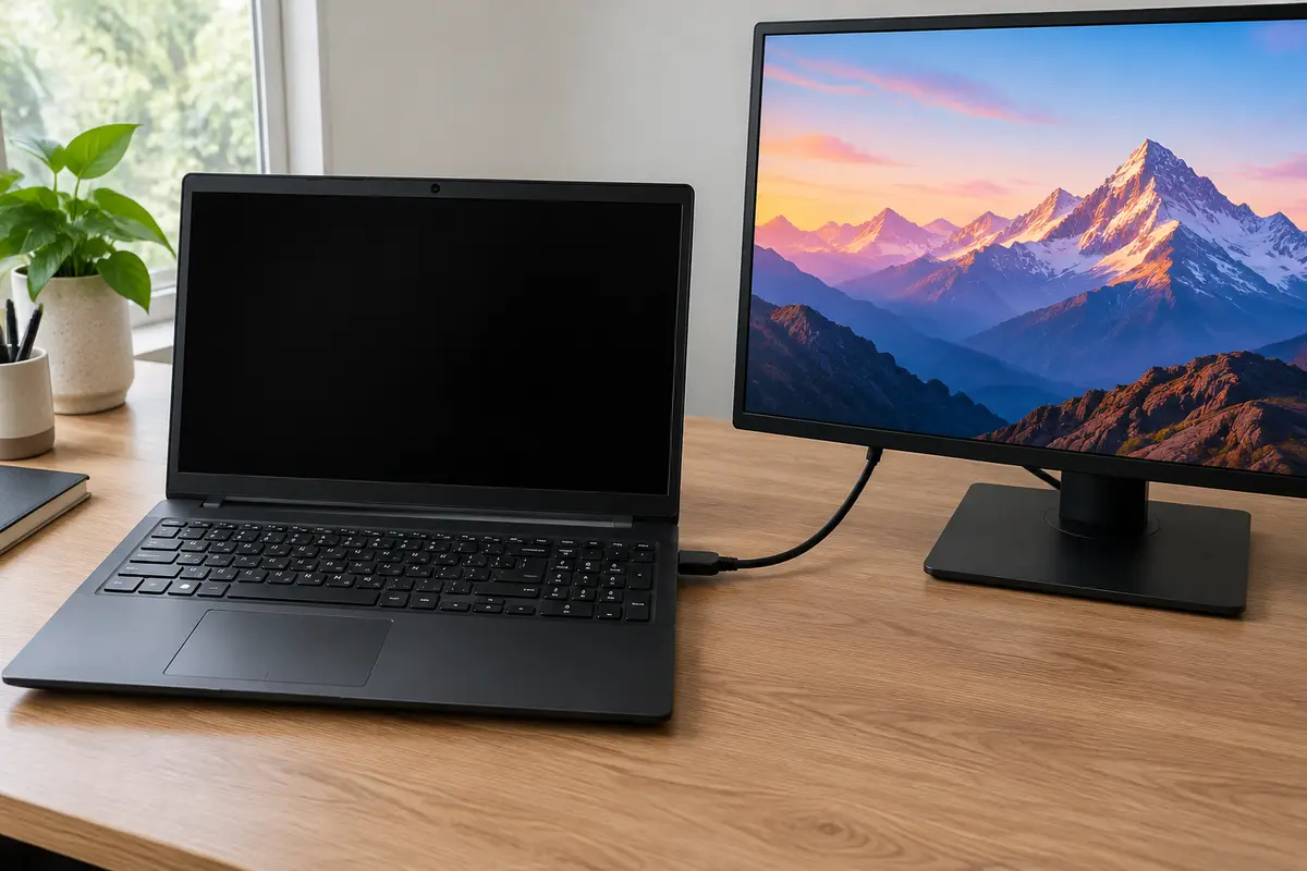 Ноутбук с чёрным экраном соединён кабелем HDMI с внешним монитором, на котором светится горный пейзаж