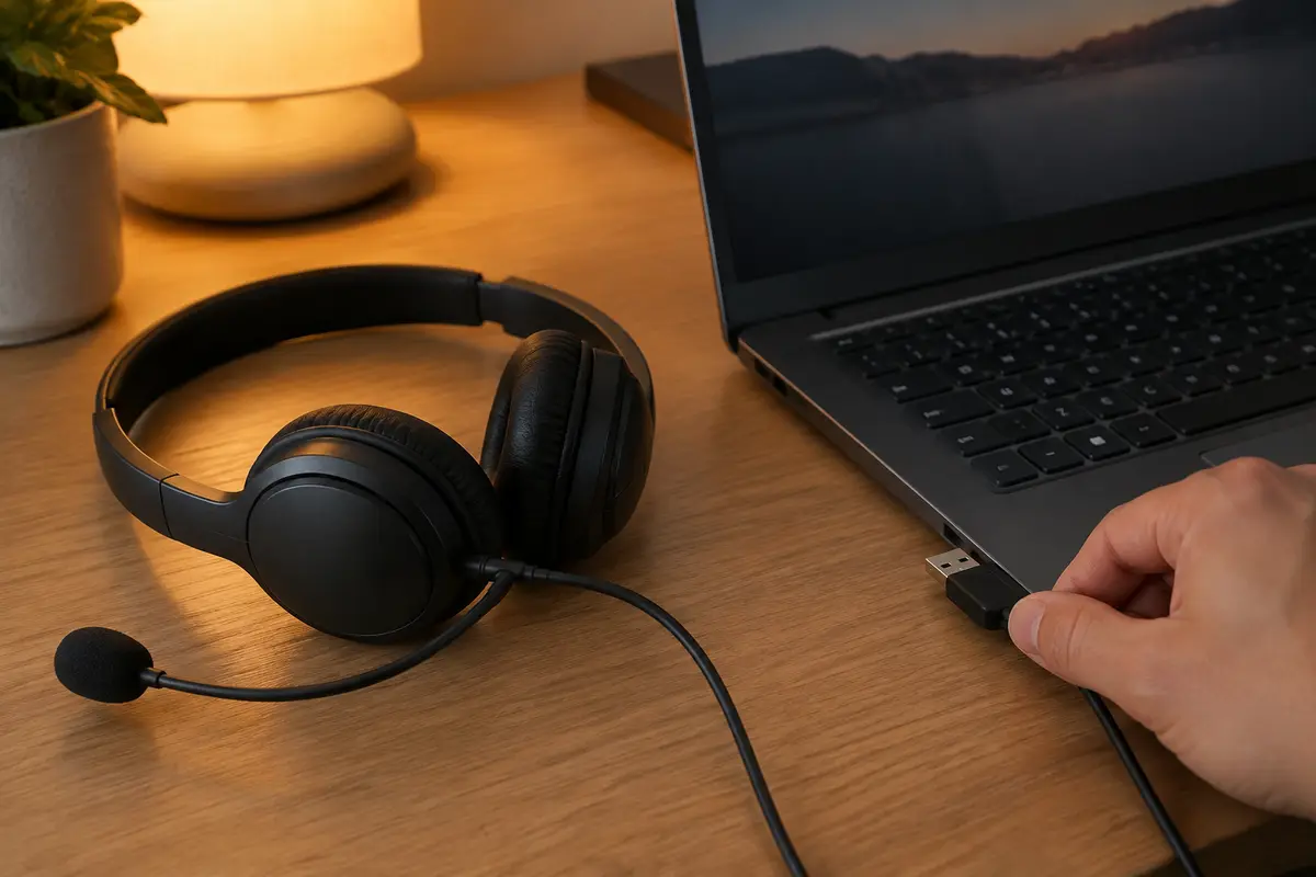 Чёрная гарнитура с микрофоном лежит на столе, рука подключает USB-кабель гарнитуры к тёмному ноутбуку