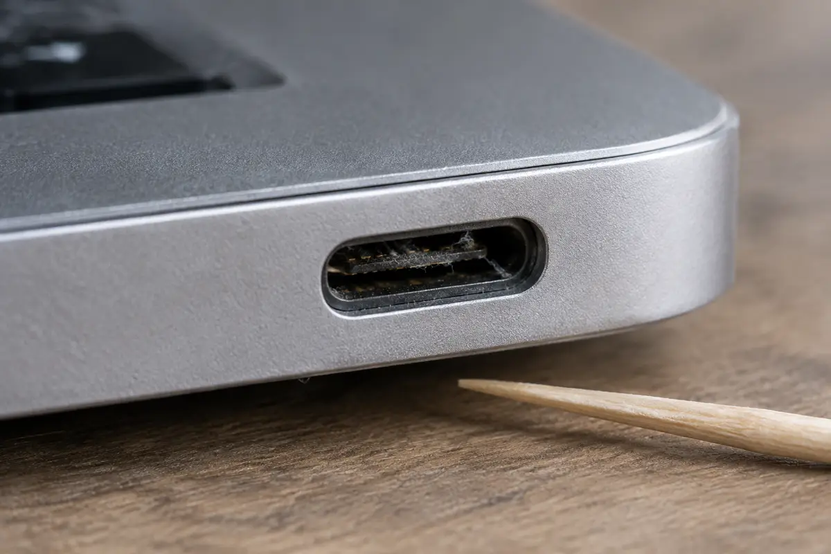 Крупный план порта USB-C на боку алюминиевого ноутбука с ворсом внутри, рядом деревянная зубочистка