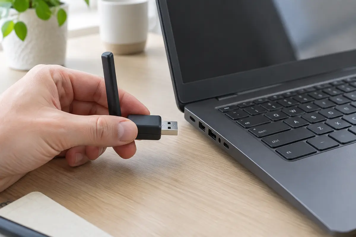 Рука держит маленький USB-адаптер Wi-Fi с антенной над боковым портом тёмно-серого ноутбука на столе