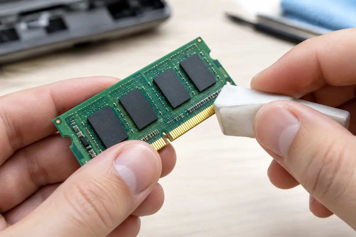 Руки протирают золотистые контакты планки памяти SO-DIMM белым ластиком, рядом отвёртка