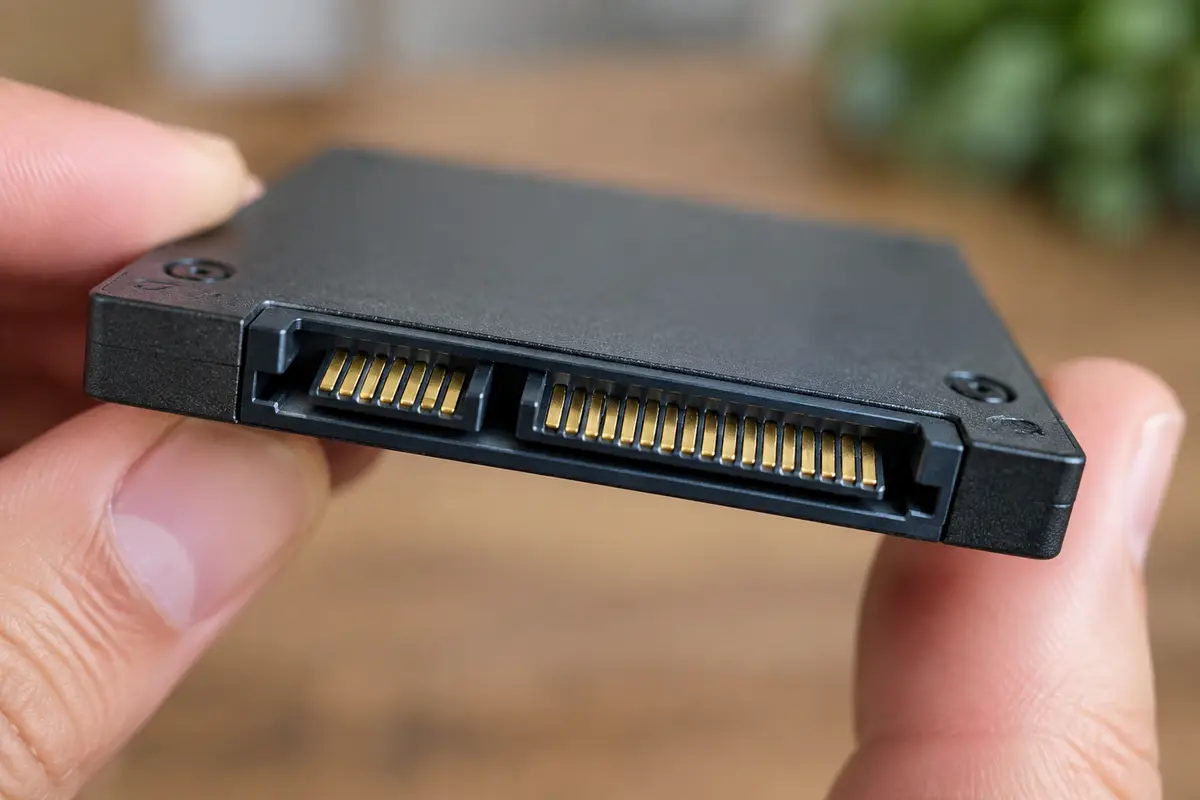 Крупный план золочёных контактов разъёма SATA на SSD 2,5 дюйма в пальцах руки