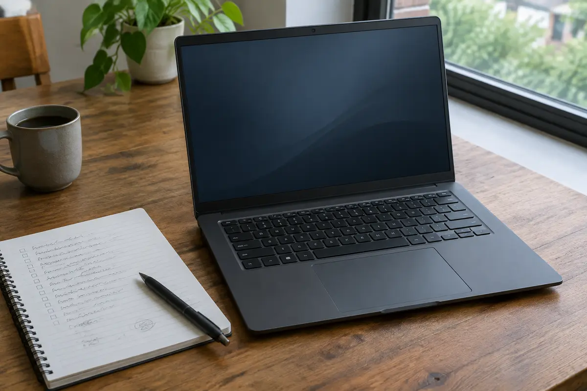 Открытый тёмно-серый ноутбук на столе, рядом блокнот со списком проверок и ручка