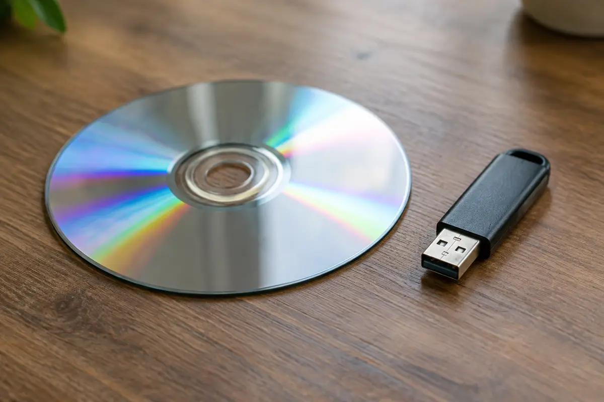 На деревянном столе рядом лежат диск DVD с радужным отблеском и чёрная USB-флешка