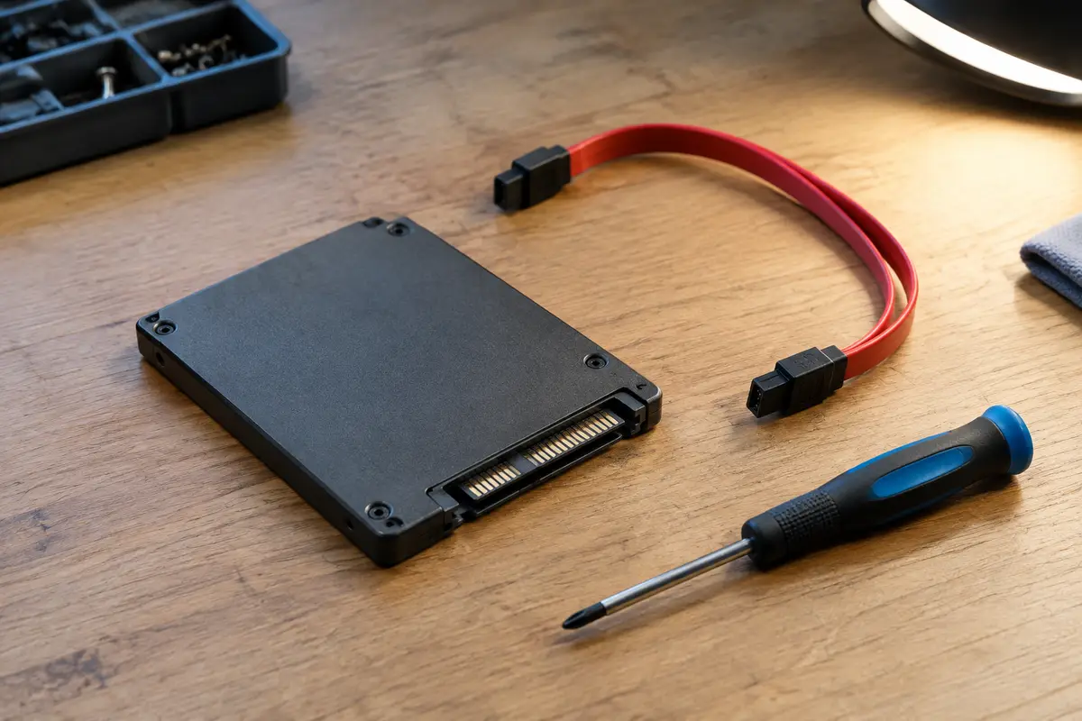 Чёрный 2,5-дюймовый SSD лежит на деревянном столе рядом с красным кабелем SATA и отвёрткой с синей ручкой