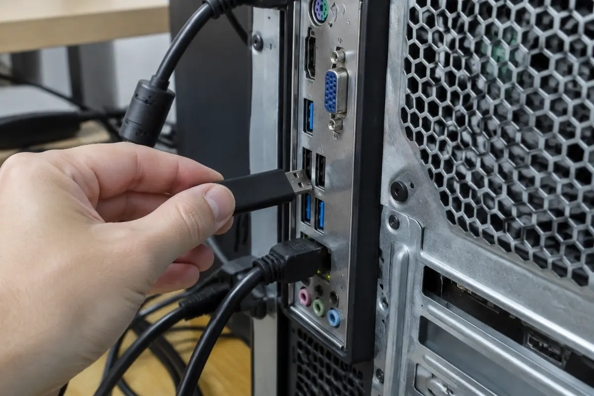 Рука вставляет чёрную флешку в верхний порт USB на задней панели системного блока, рядом сетевой и аудиоразъёмы с кабелями