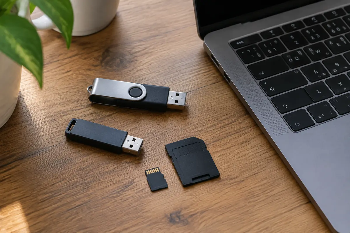 На деревянном столе лежат две USB-флешки, карта microSD с переходником и край серого ноутбука