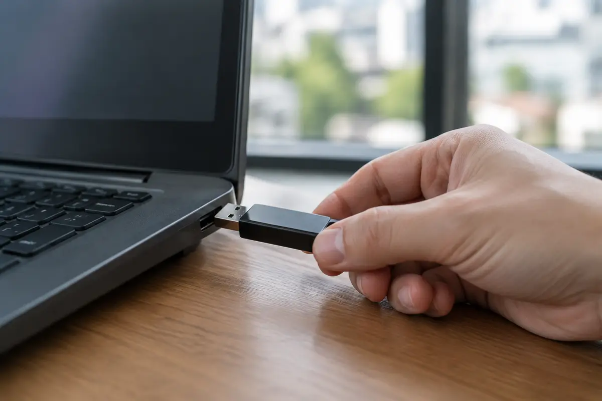 Рука вытаскивает чёрную USB-флешку из бокового порта тёмно-серого ноутбука на фоне окна
