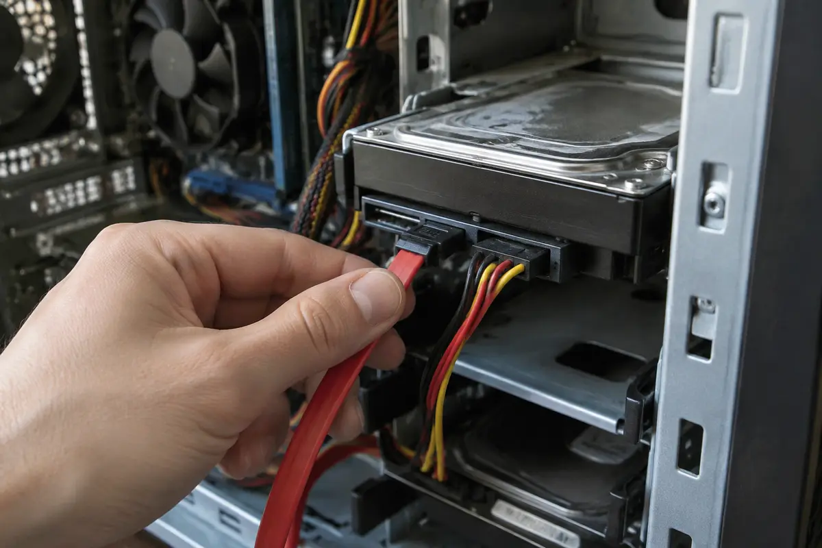 Рука подключает красный плоский кабель SATA к жёсткому диску в корзине системного блока, рядом питающие провода