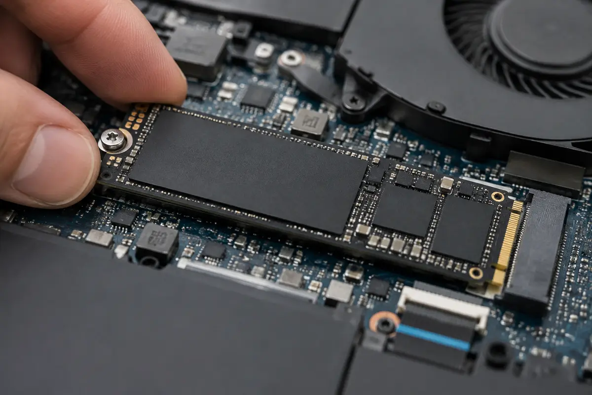 Накопитель M.2 NVMe, закреплённый винтом в слоте материнской платы ноутбука, рядом вентилятор системы охлаждения, пальцы мастера придерживают плату